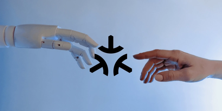 Michelangelo’s "The Creation of Adam" recreated with robot and human hands, and the Matter logo