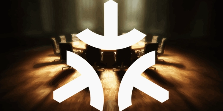 Shadowy conference room in background, Matter smart home logo in foreground