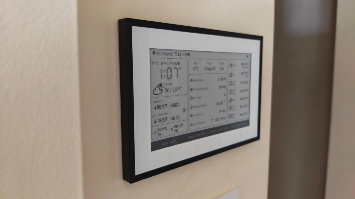 Angled view of a switchbot home dashboard mounted to a wall