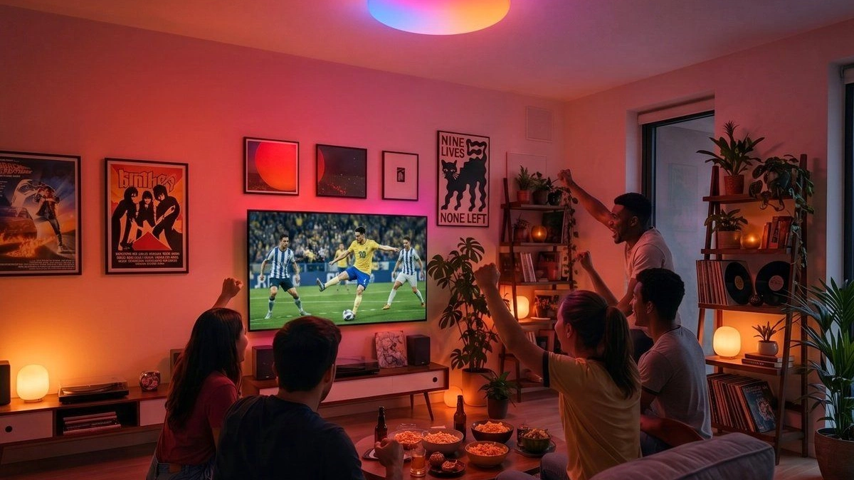 Group of friends enjoying football match under a SwitchBot RGBICWW Ceiling Light