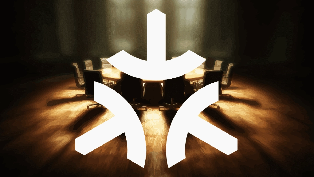 Shadowy conference room in background, Matter smart home logo in foreground