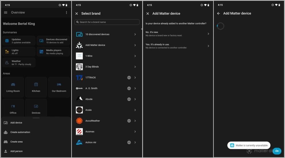 Failing to add a Matter device using Home Assistant on a de-Googled Android phone.