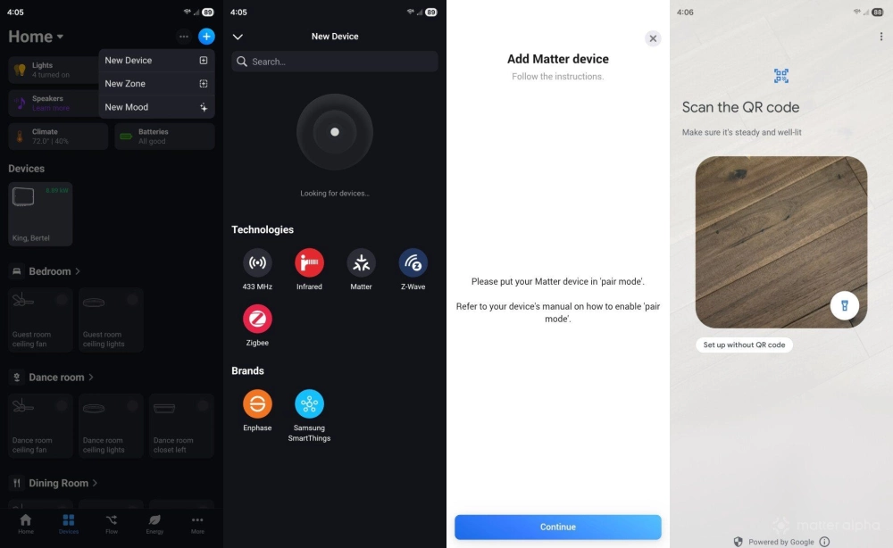 Adding a Matter device in the Homey Android app