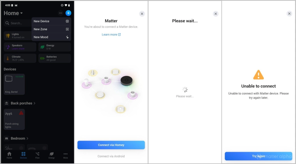 Failing to add a Matter device via Homey on a de-Googled Android phone.