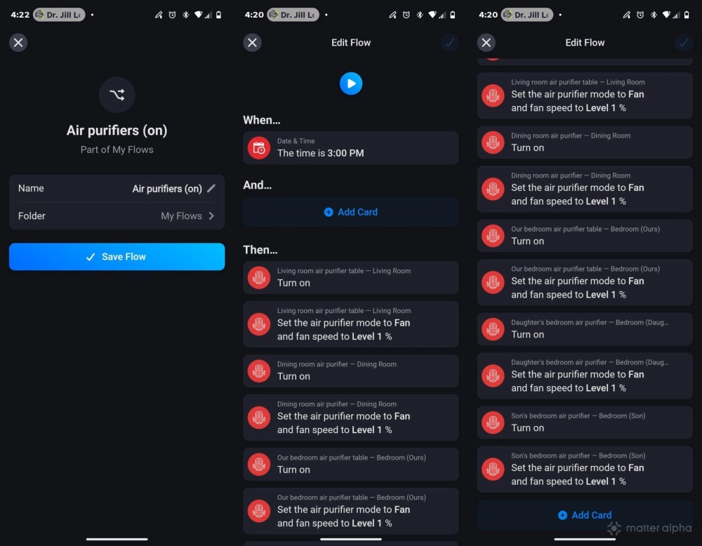 An automation involving several smart air purifiers in the android homey app An automation involving several smart air purifiers in the android homey app