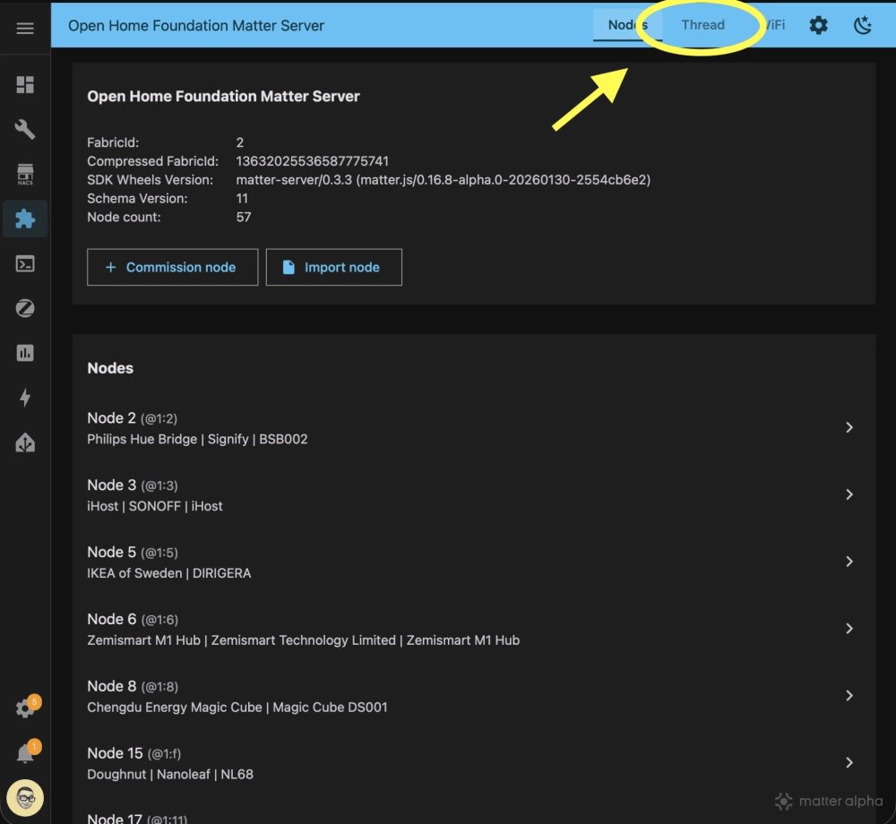 Ha matter server thread tab entry