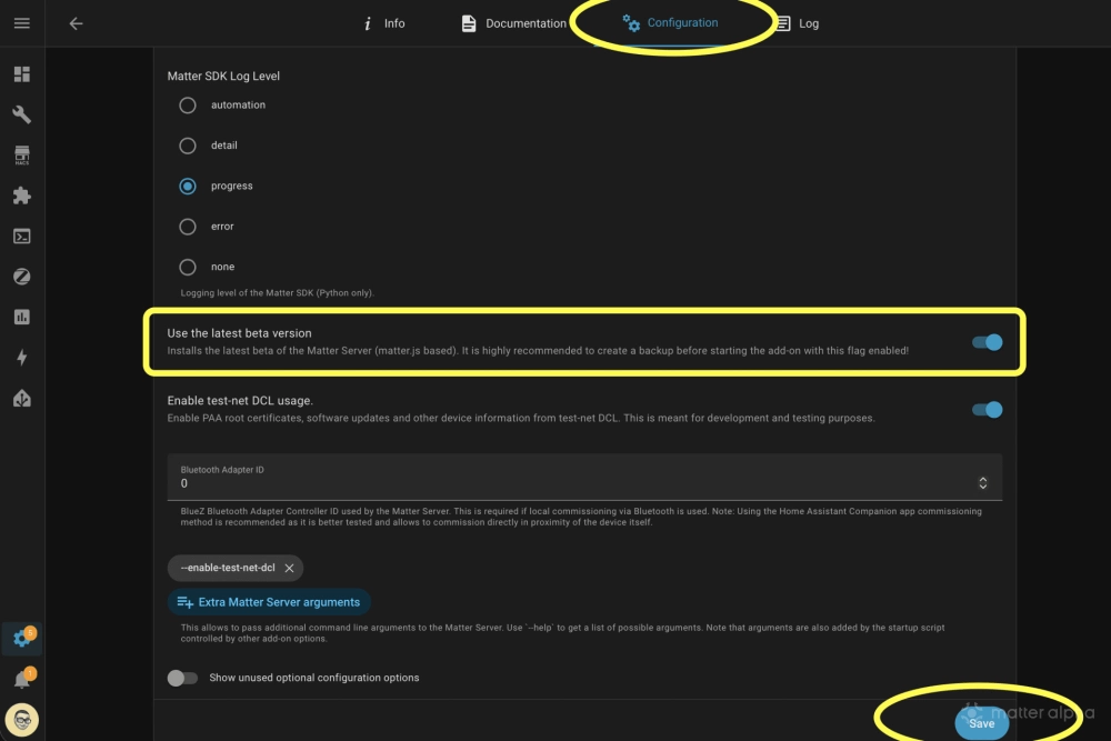 Ha matter server toggle beta