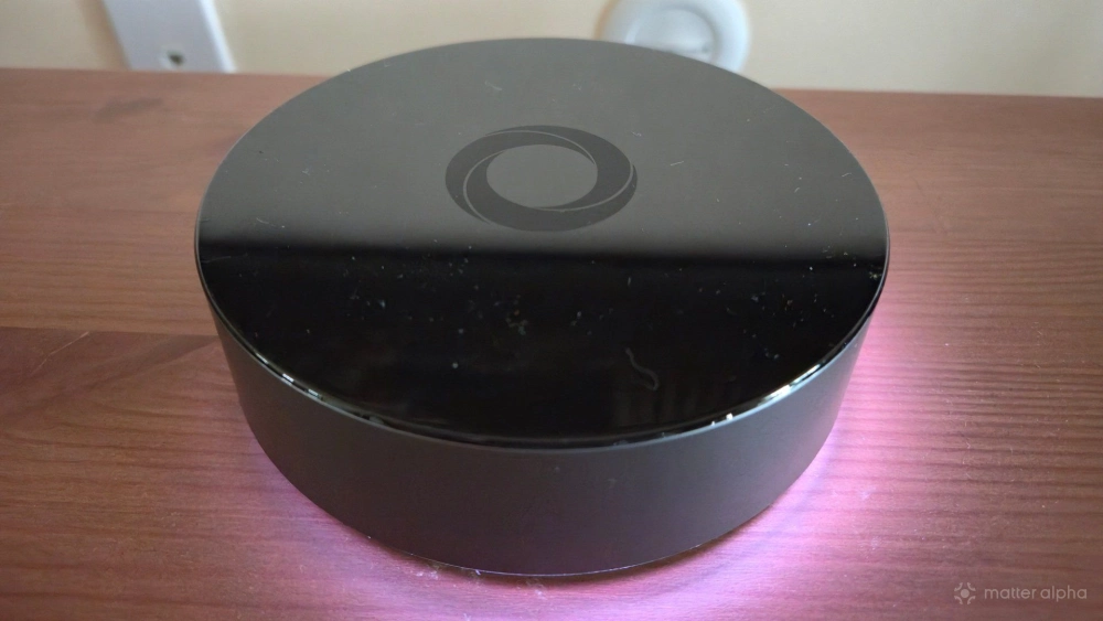 Homey pro on an entertainment stand with led ring glowing