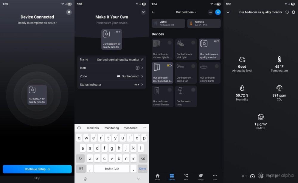Ikea alpstuga air quality monitor in the homey android app