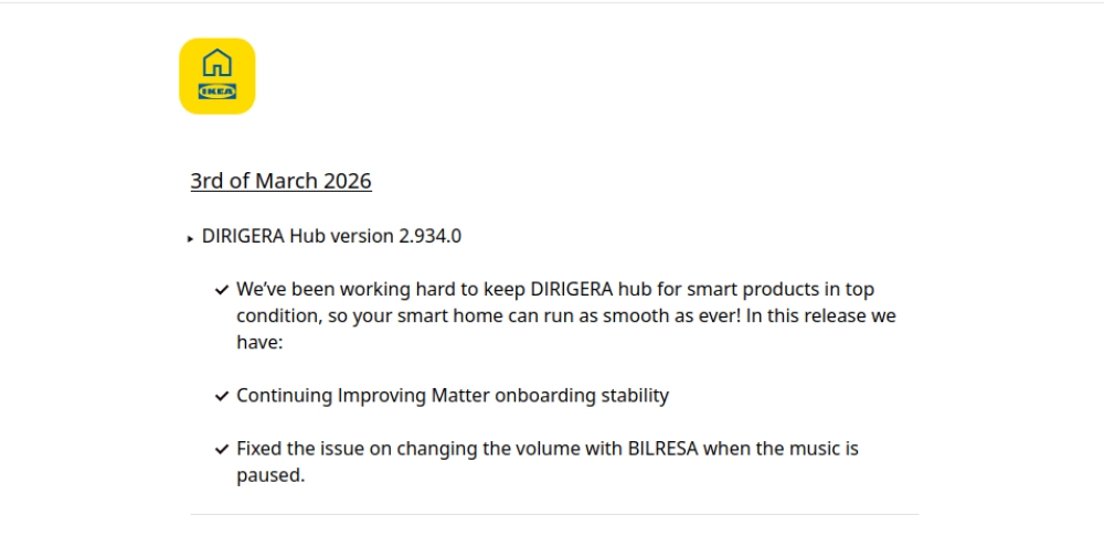 IKEA Dirigera hub firmware v2.934.0 notice