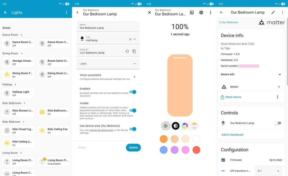 Light bulb controls in home assistant on android