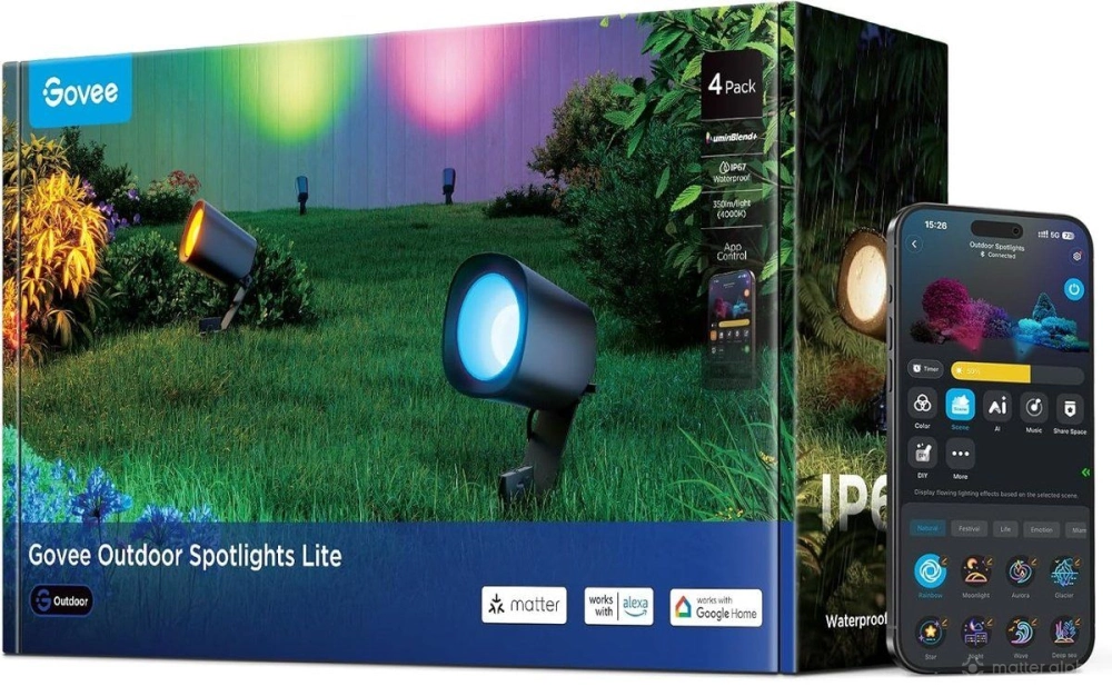 Govee Outdoor Spotlights Lite boxed with mobile app