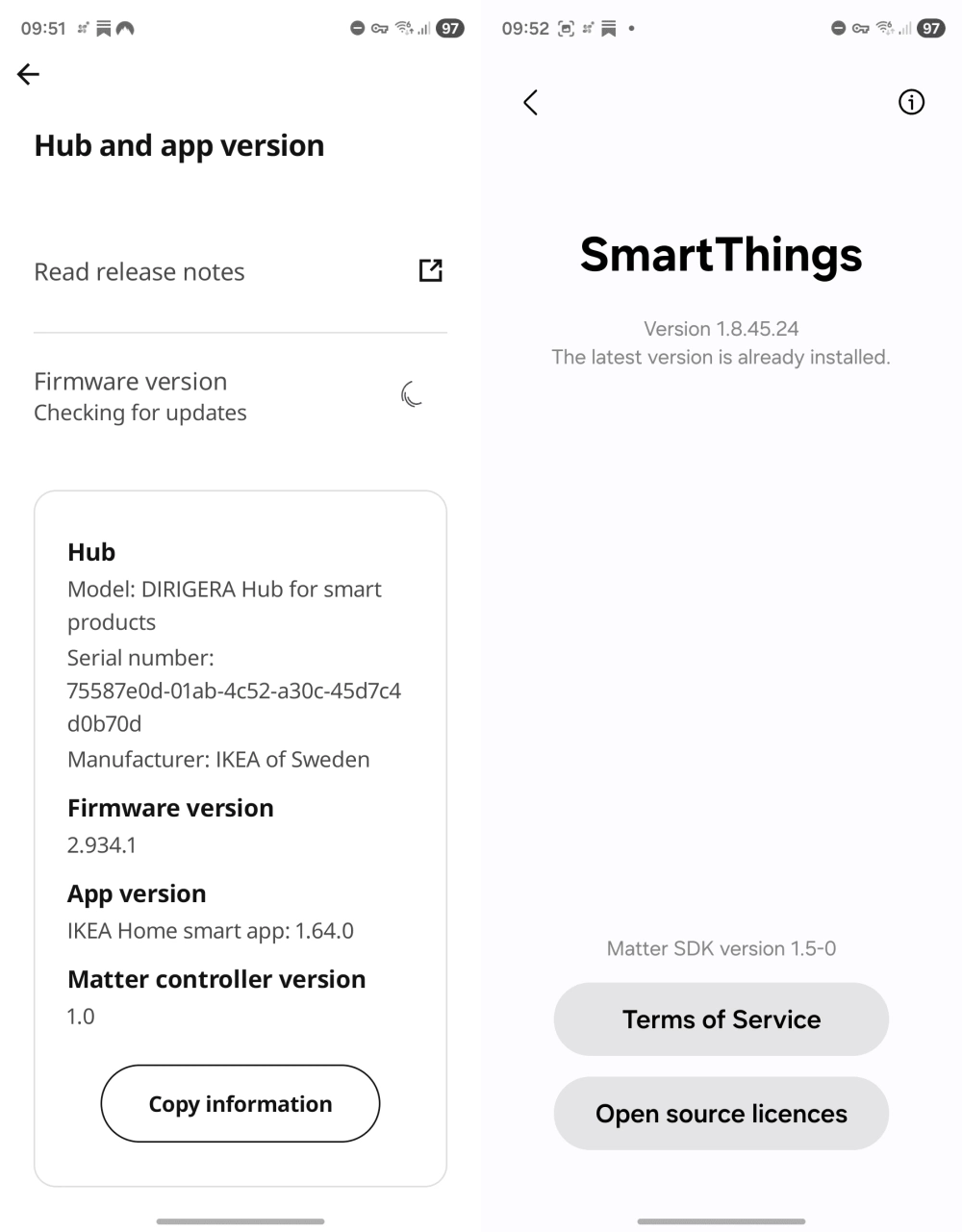 Ikea Dirigera version in app, and SmartThings version