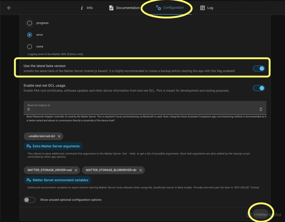 Matter server enable beta