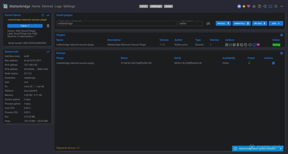 Matterbridge running on a Raspberry Pi 4 under Docker Matterbridge running on a Raspberry Pi 4 under Docker