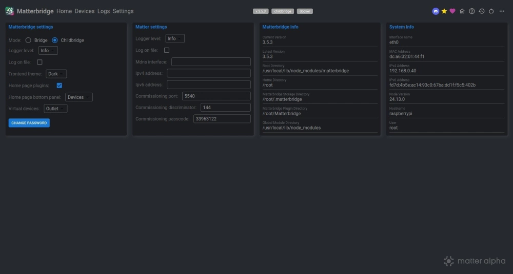 Matterbridge settings Matterbridge settings