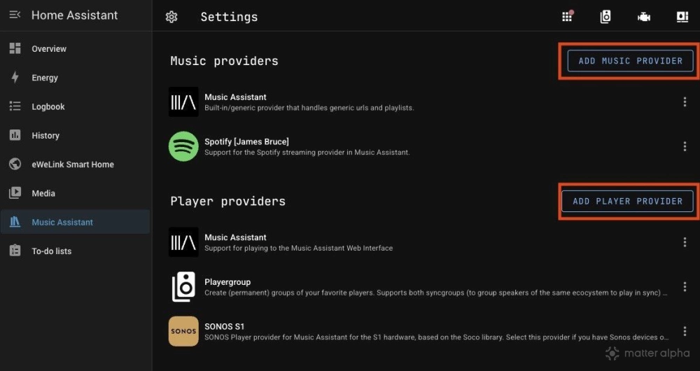 Music assisant add player and music provider