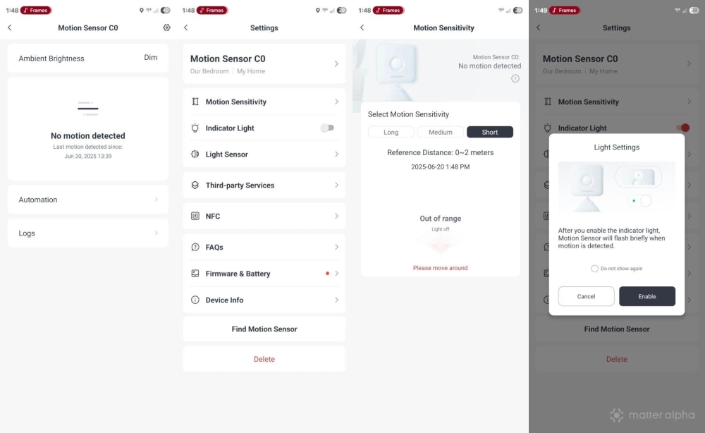 Options available for the switchbot motion sensor via the switchbot app