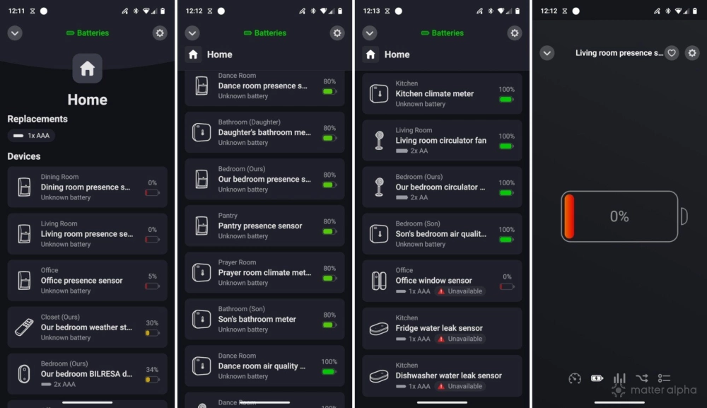 Remaining battery life for a list of Matter devices in the Homey Android app. Remaining battery life for a list of Matter devices in the Homey Android app.