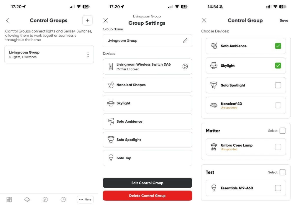 Screenshots showing umbra cono lamps unsupported in control group in the nanoleaf app Screenshots showing umbra cono lamps unsupported in control group in the nanoleaf app