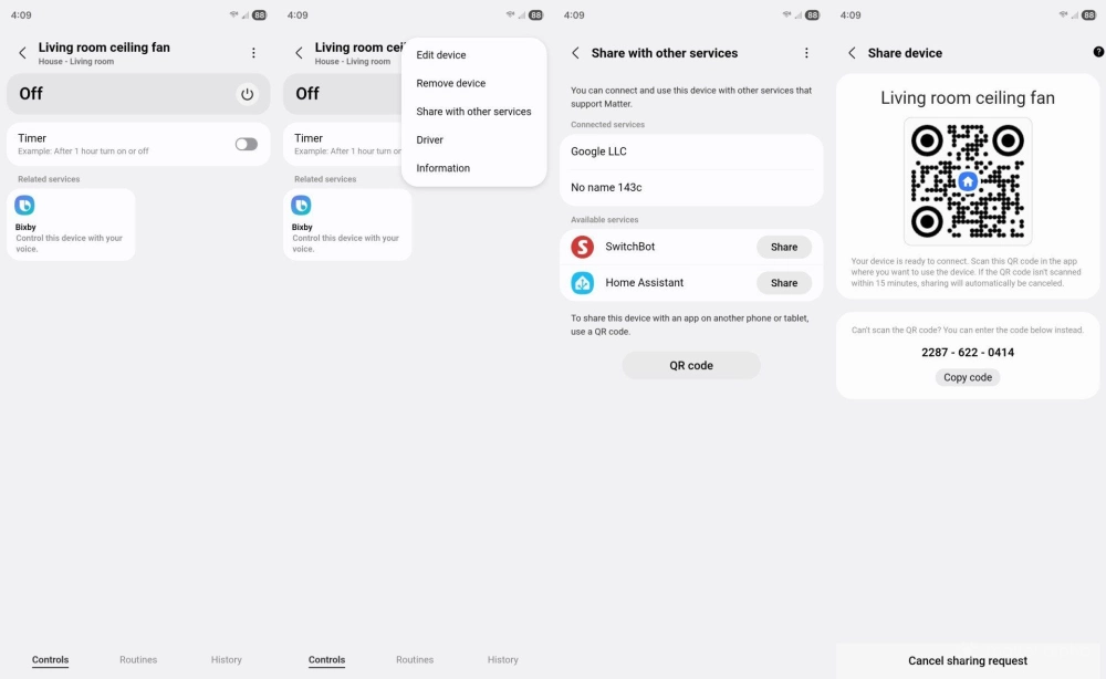 Sharing a Matter device in Samsung SmartThings.