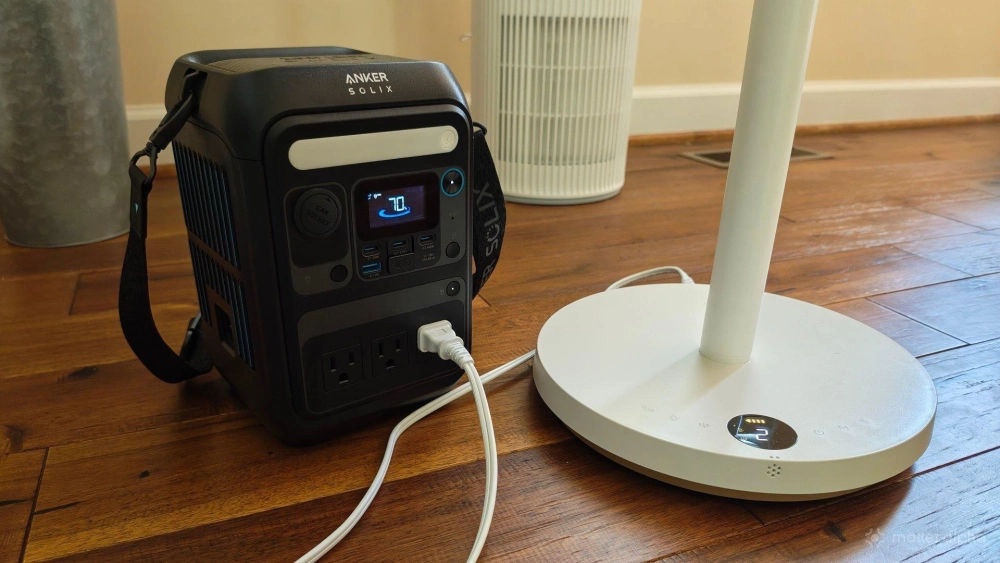 Switchbot circulator floor fan plugged into an anker c300 portable power station Switchbot circulator floor fan plugged into an anker c300 portable power station