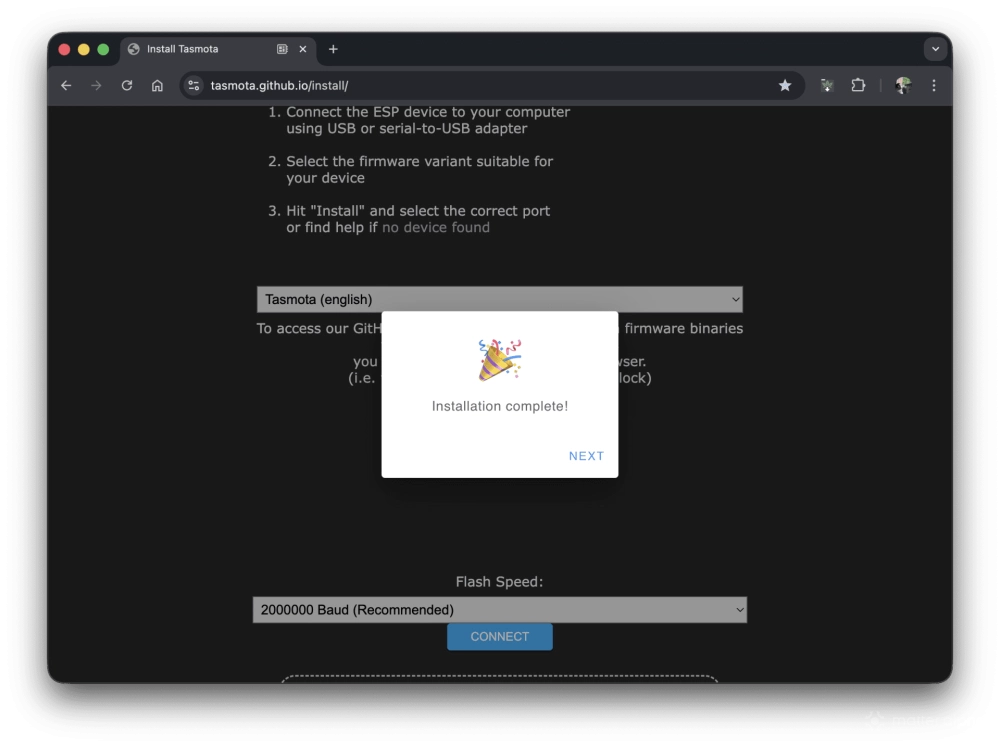 Tasmota install succeed