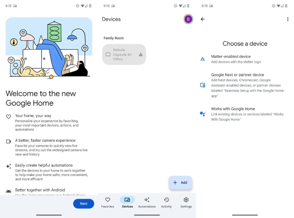 Three google home screenshots taken on a pixel 6