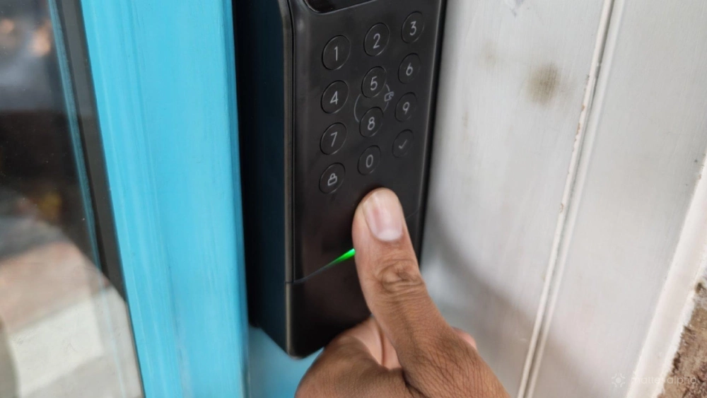 Thumb unlocking a SwitchBot Lock Vision Pro.