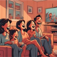 Illustration of a family laughing at the TV