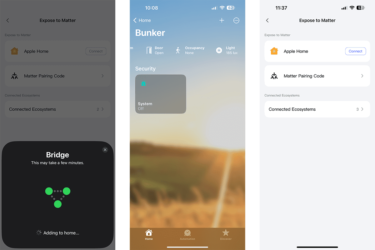Aqara m3 screenshots bridge and homekit expose devices