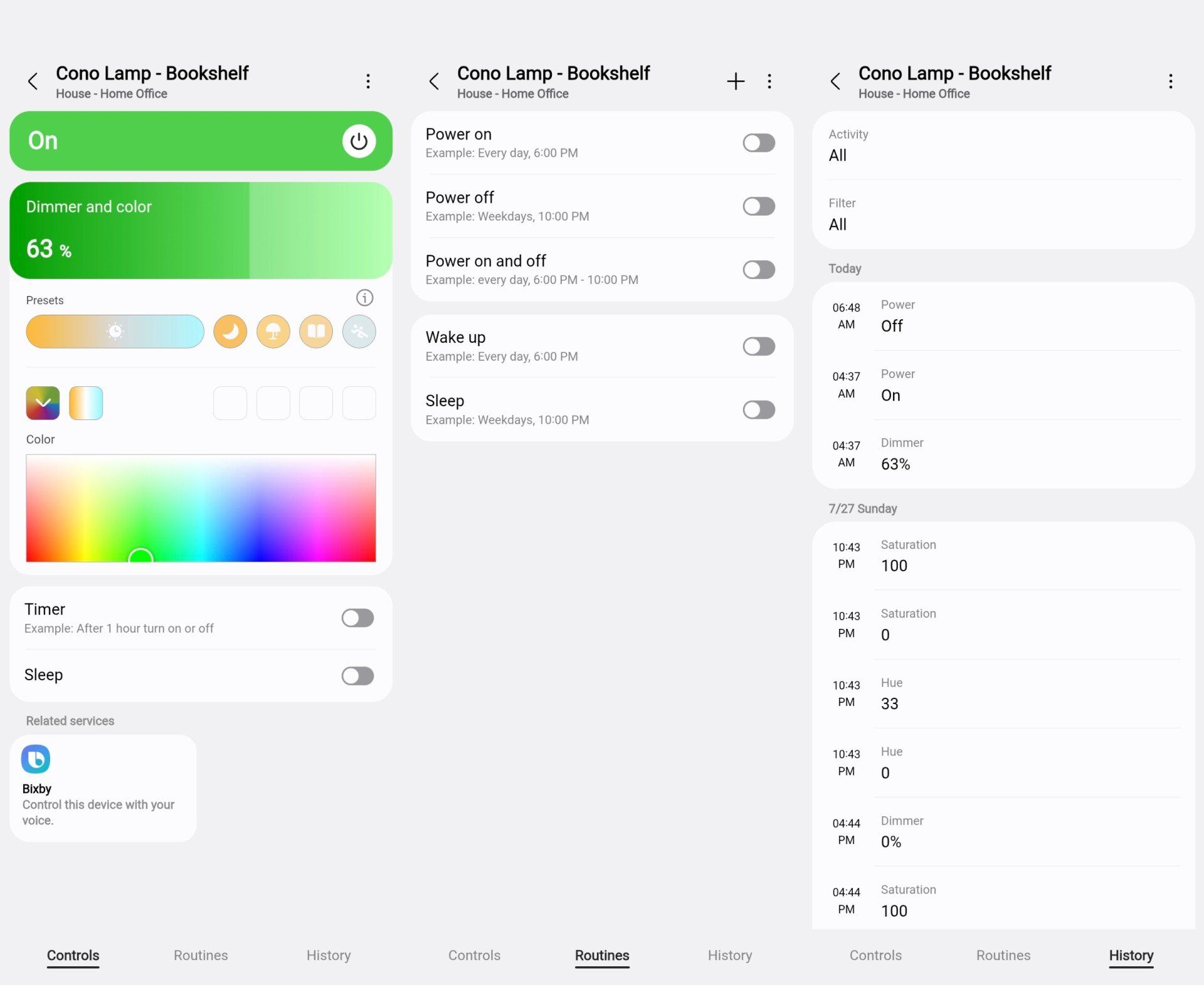 Features available for the umbra cono lamp in smartthings via matter