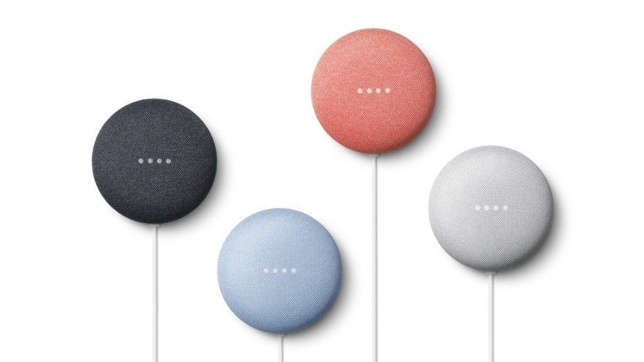 Google nest mini smart speakers in four different colors