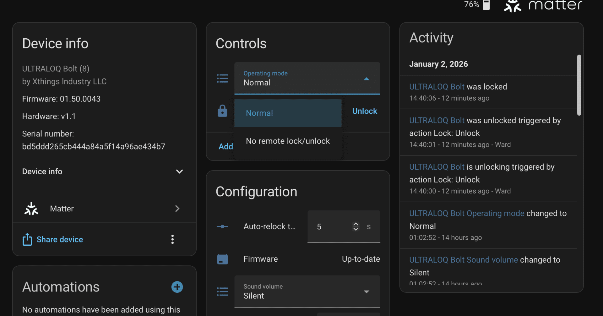 Ha matter doorlock control