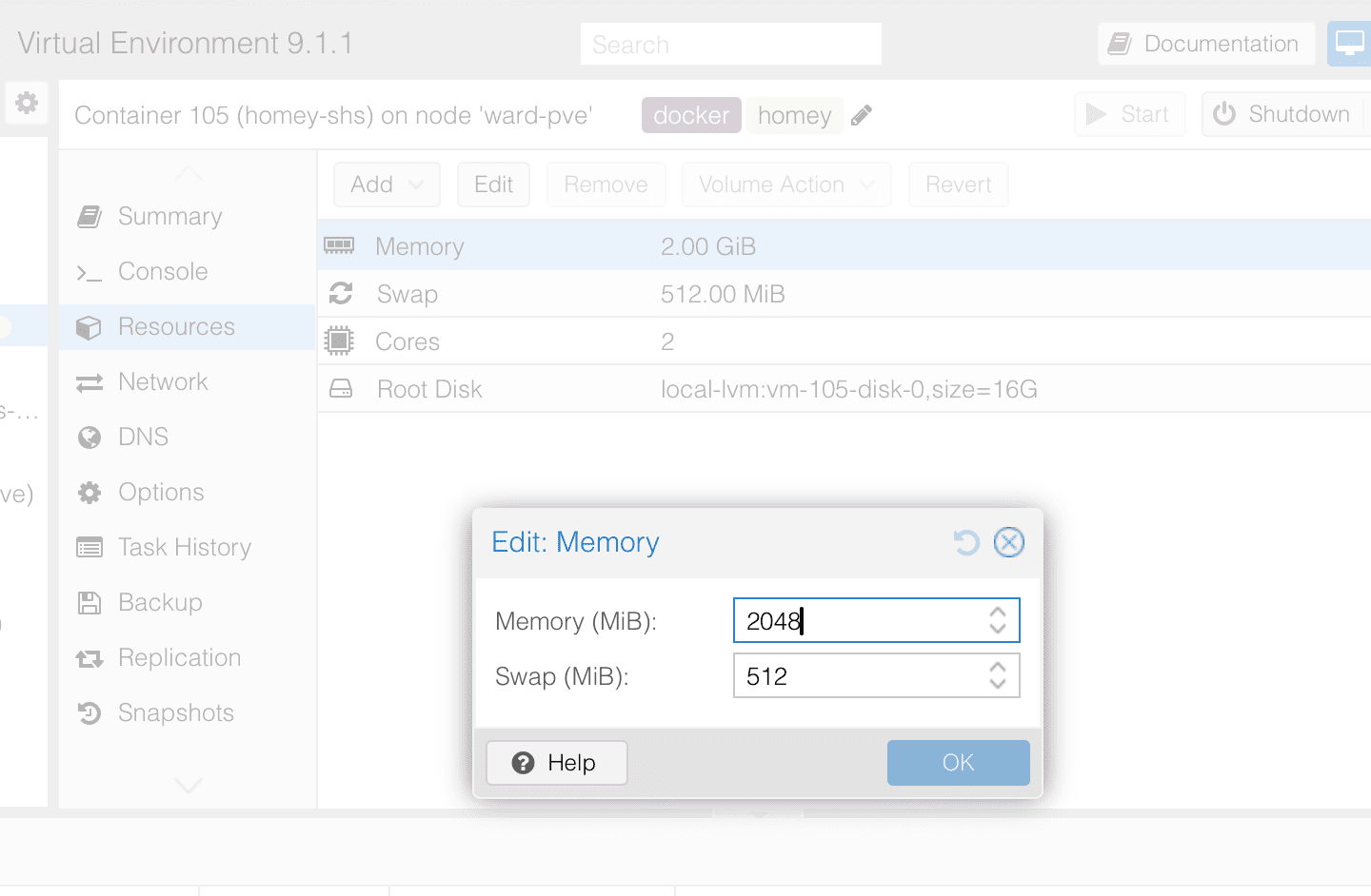 Homey server pve memory extend