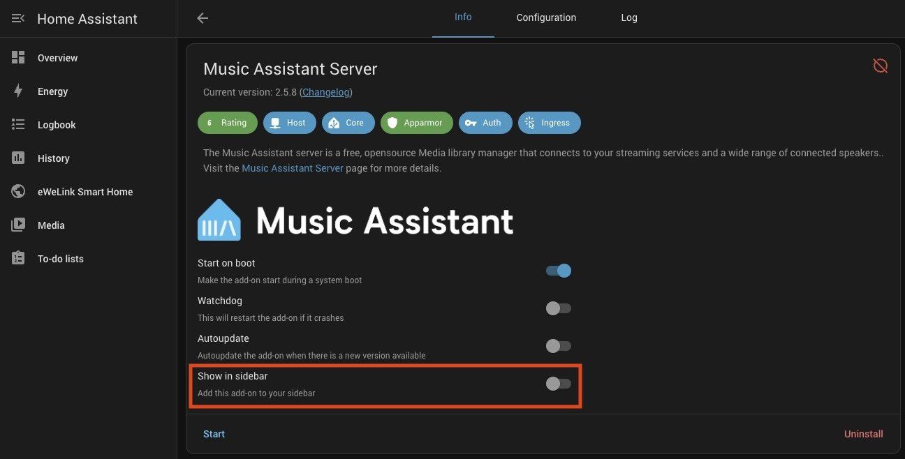 Music assistant post install show in sidebar