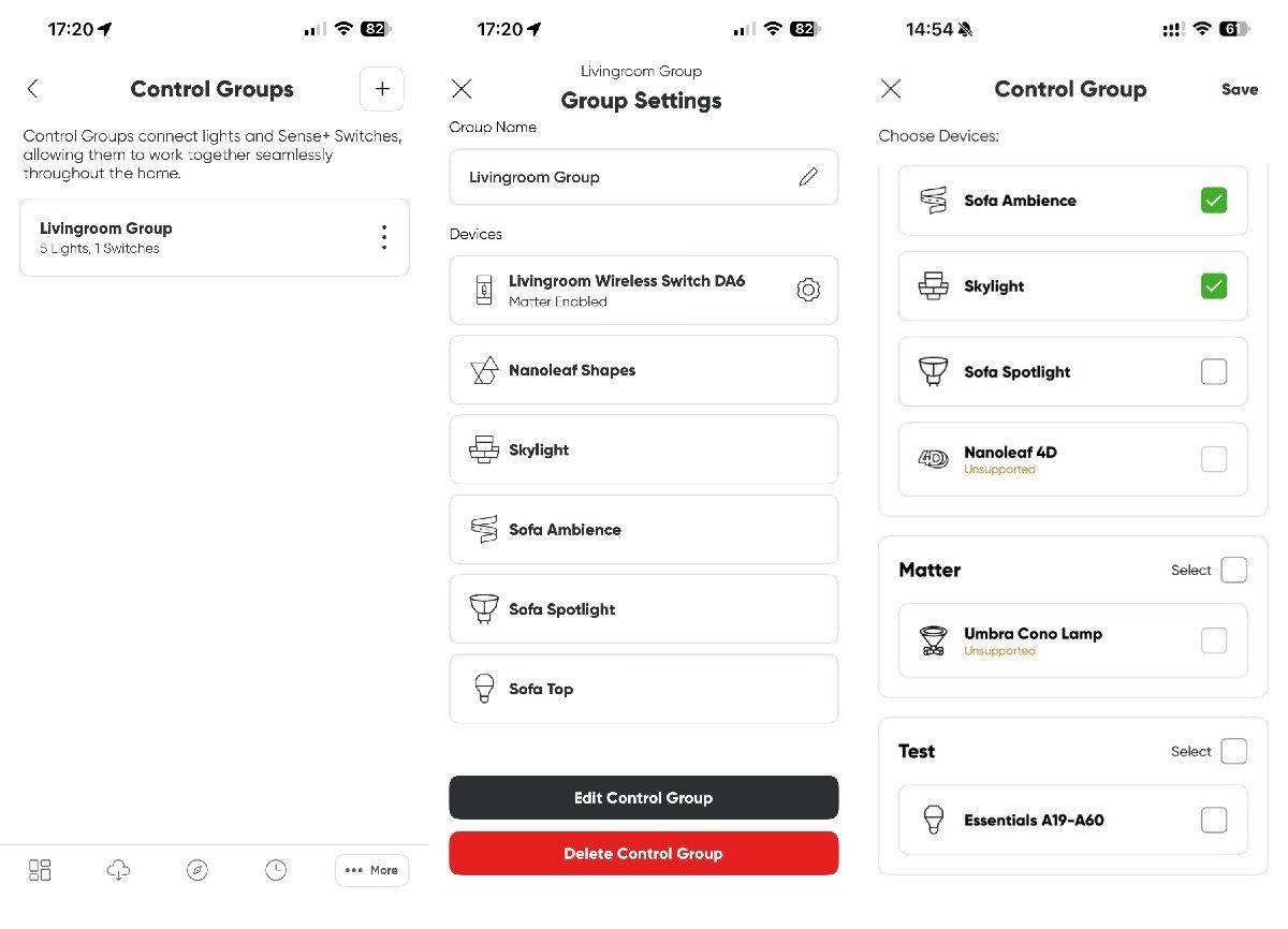 Screenshots showing umbra cono lamps unsupported in control group in the nanoleaf app